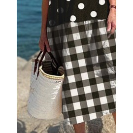Women Striped Polkadot Plaid Patchwork V-Neck Short Sleeve Dress