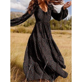 Floral Print Long Sleeves V-neck Casual Dress For Women