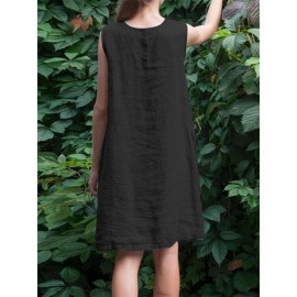 Women Solid Crew Neck Casual Sleeveless Dress With Pocket