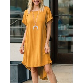 Women Solid Crew Neck Ruffle Trim Casual Short Sleeve Dress