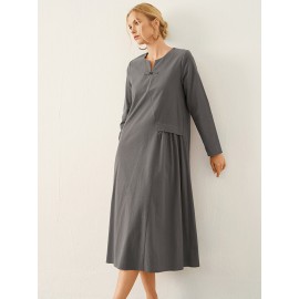 Solid Frog Button Notch Neck Long Sleeve Casual Dress