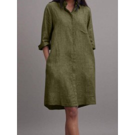 Women Plain Lapel Concealed Placket Casual Shirt Dress