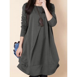 Women Solid Long Sleeve Crew Neck Casual Dress