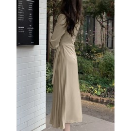 Solid Irregular Pleated Adjustable Belt Long Sleeve Dress