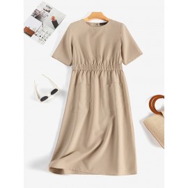 Women Solid Double Pocket Casual Short Sleeve Dress