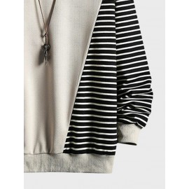 Mens Striped Patchwork Flap Pocket Crew Neck Pullover Sweatshirts Winter