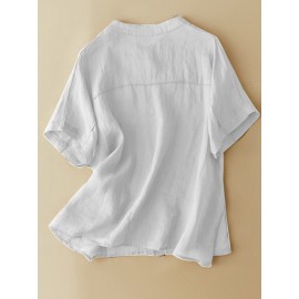 Women Solid Stand Collar Button Up Cotton Short Sleeve Shirt