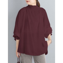 Women Solid Shirred Detail Casual Raglan Sleeve Blouse
