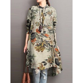 Casual Floral Print Stand Collar Long Sleeve Cotton Blouse