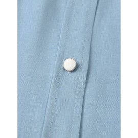 Women Solid Lapel Flap Pocket Long Sleeve Denim Shirt