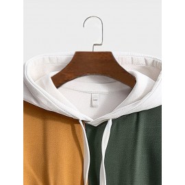 Mens Color Block Patchwork Kangaroo Pocket Loose Drawstring Hoodies Winter