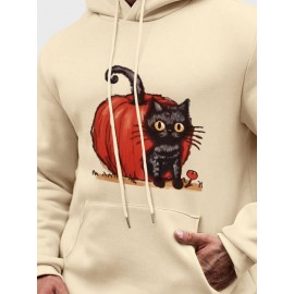Mens Cartoon Pumpkin Cat Print Kangaroo Pocket Drawstring Hoodies Winter